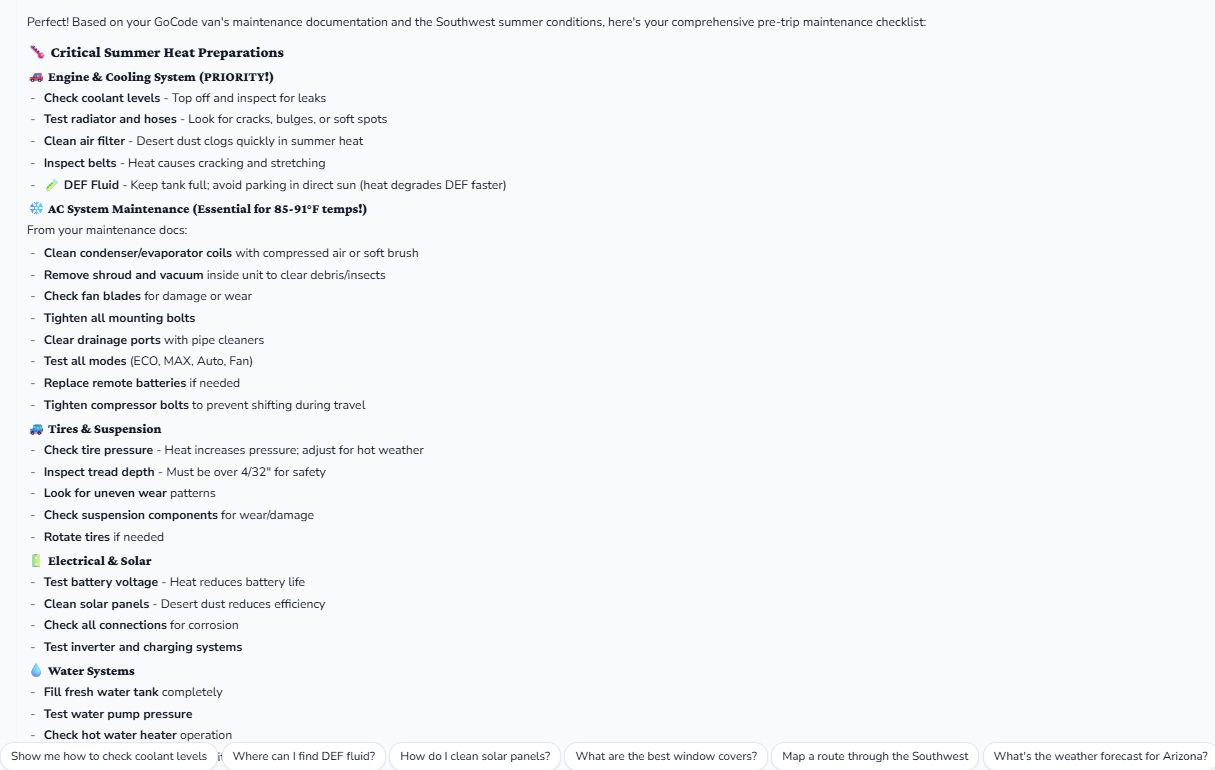 Grover app showing maintenance recommendations for Southwest trip